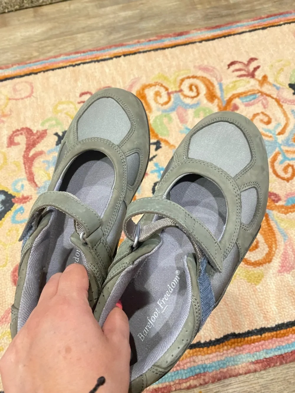 Barefoot Freedom Mary Jane Comfort Shoes Gray Leather Fabric Hook & Loop 9W - Picture 7 of 11